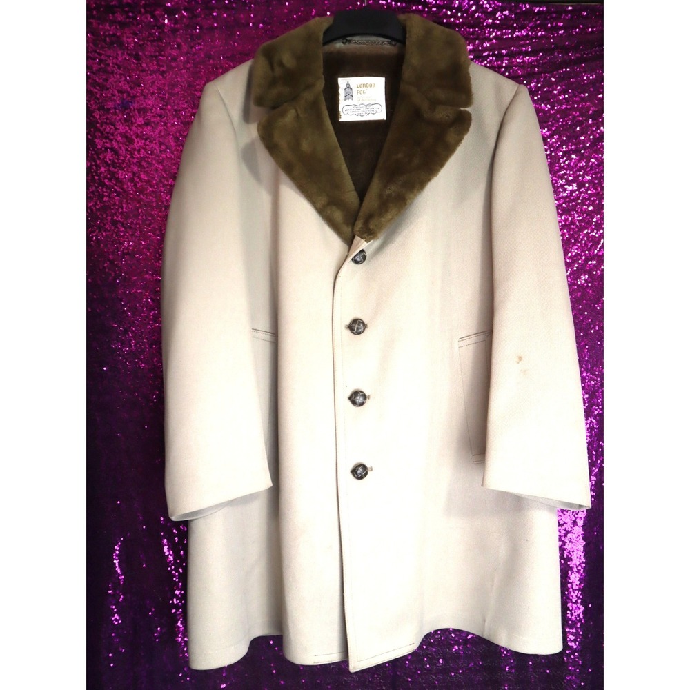 Beige Overcoat 44 Reg London Fog Mens Vintage Faux Fur Collar Zip Out Lining